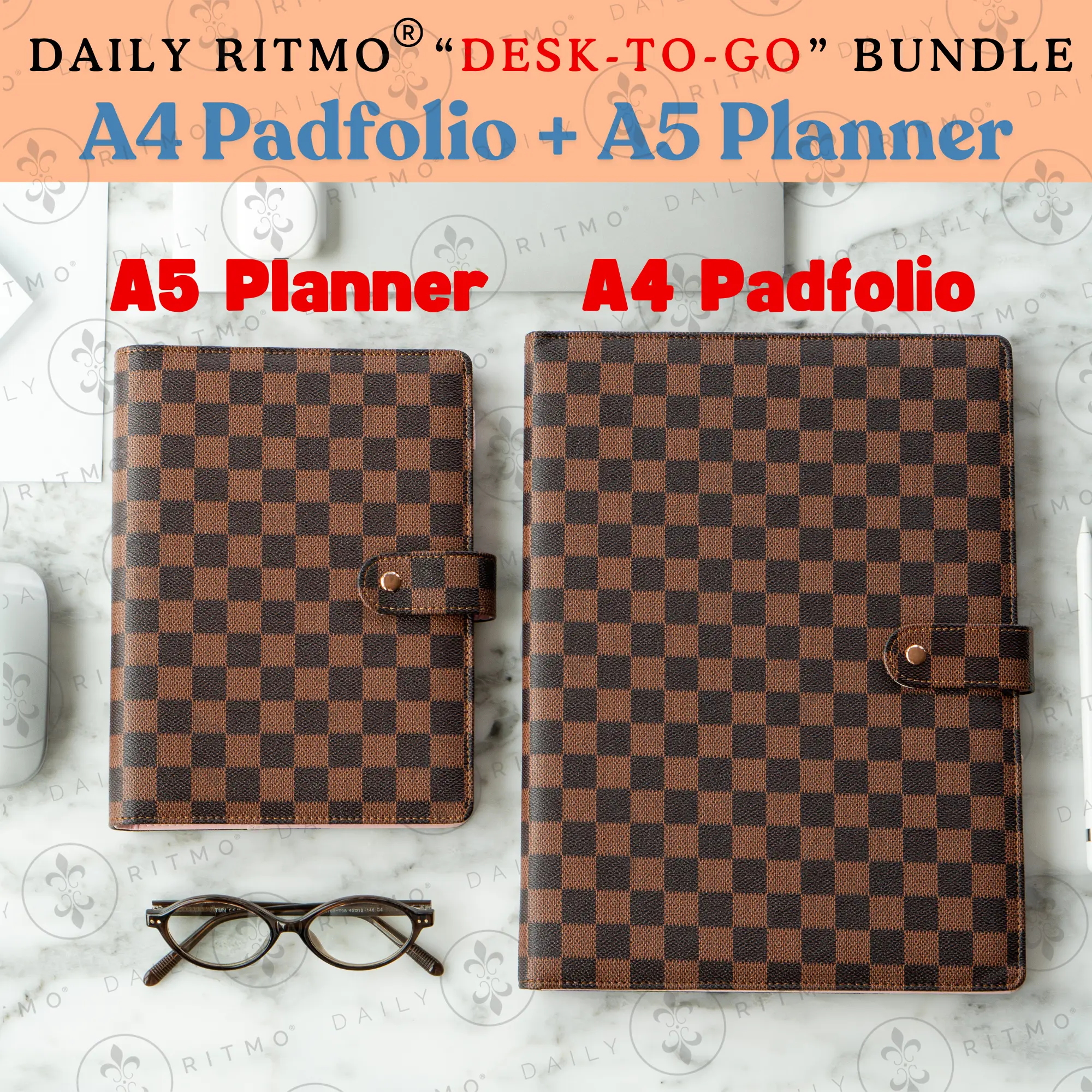 DAILY RITMO Desk-to-Go Office Bundle - Hardcover Faux Leather Checkered A4 Padfolio, A5 Planner Notebook, Meeting Notebook for Work, Binder & Binder Accessories Supplies, Notebooks