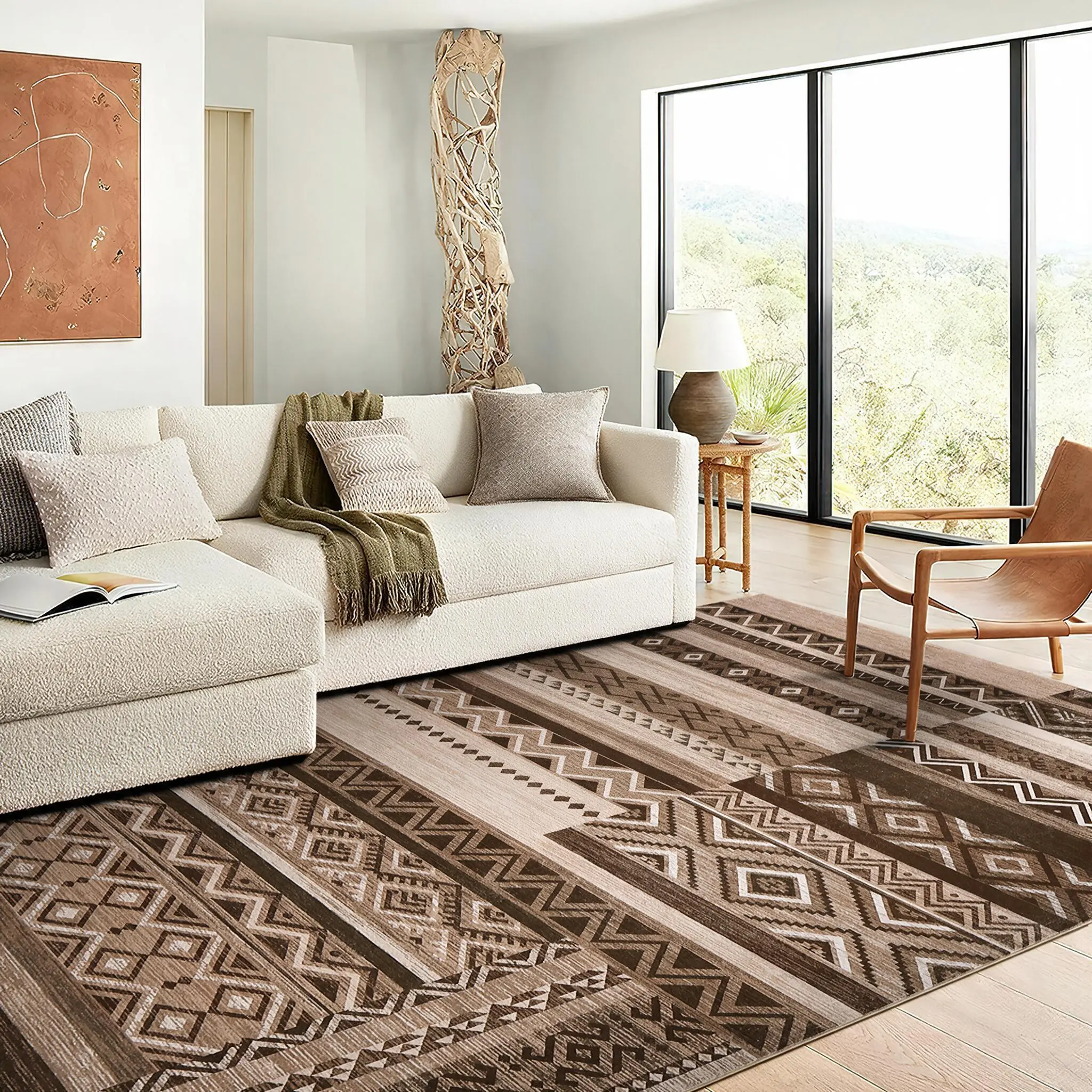 5x7 Area Rug, Washable Vintage Geometric Stripe Patchwork Non-Slip Stain-Resistant Rug for Living Room, Bedroom Home Decor Carpet for Hardwood Floors