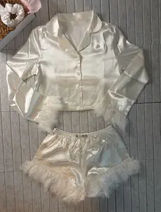 Satin White Fur lined Top & Shorts Pajama Set l Personalizable l Gift l Wife, Girlfriend Bridal Bachelorette Wedding