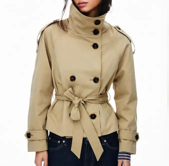 SeeLuNa Women's High-Neck Long-Sleeve Double-Breasted Belted Short Trench Coat - Fitted Minimalist Fall-Winter Outerwear for Ladies with Included Belt, Womenswear Jackets & Tops,clothes for back to school,first day of school outfits