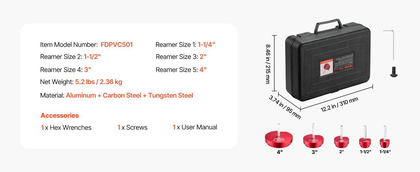【Summerfinds】VEVOR PVC Pipe Reamer Kit5-PiecePVC Fitting Socket SaverIncludes 1-1/4"1-1/2"2"3"4"Compatible with Standard 1/2" DrillsPlumbing Tool Kit for SCH40 ABS CPVC Vent Drain Water Pipes