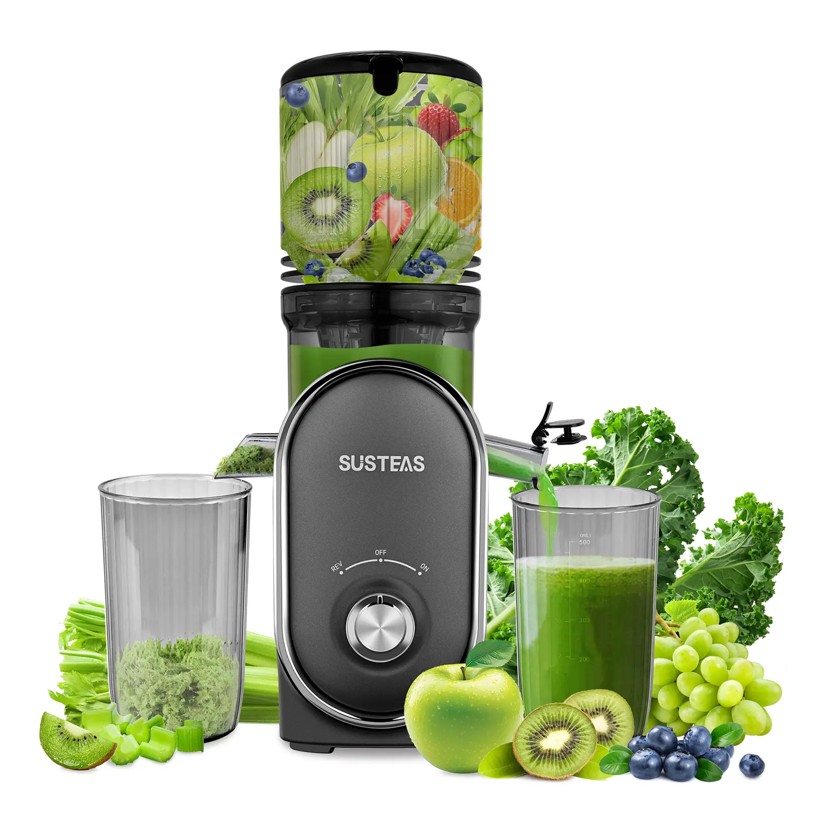 SUSTEAS Slow Cold Pressed Fruit Vegetable Juicer Machine - 150NM Power Motor, 5.3” Feed Chute, Simple-Operation Slow Masticating Extractor for Whole Produce, Slow Cold Pressed Juicer Machine