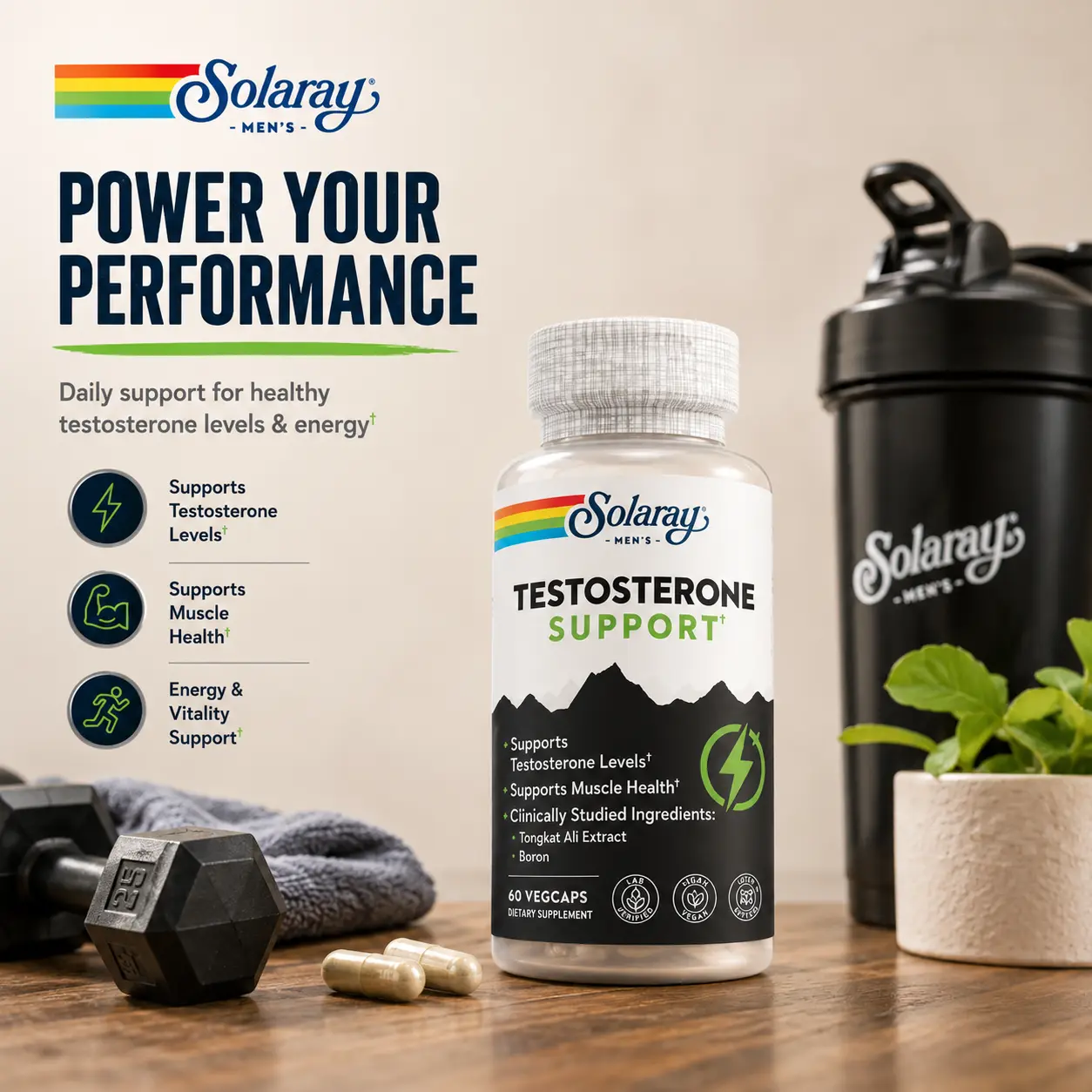 Solaray Testosterone Support for Men — Tesnor + Tongkat Ali + Zinc — Daily Vitality Stack