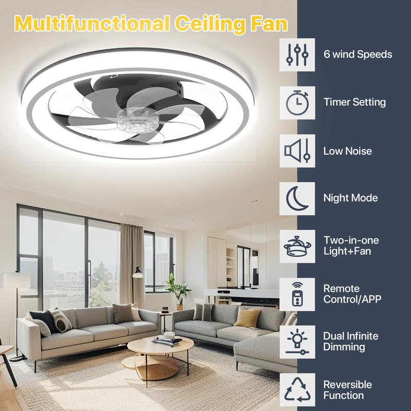 GLITGATE Modern LED Ceiling Fan with Light & Remote - 6-Speed, 3 Color Temperatures (Warm White/Nature White/Pure White), Dimmable Brightness, Timer Function, App & Remote Control, Flush Mount Design for Bedroom or Living Room