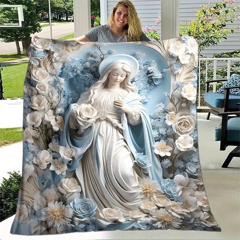 2D Religious Catholic Blessed Virgin Mary Flannel Plush Blanket - Soft, Warm Texture, Durable Floral Blue White Pattern, Multi-Size Oversized Decorative Throw, Child Baptism Blanket Gifts, Bedroom/Sofa Floral Bedding for Cozy Setup, Decorative Blanket