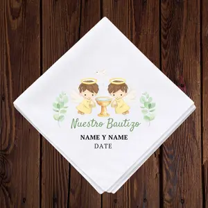12 Polyester White 17x17 Napkins for Nuestro Bautizo with Adorable Angel Design Personalized with Name and Date