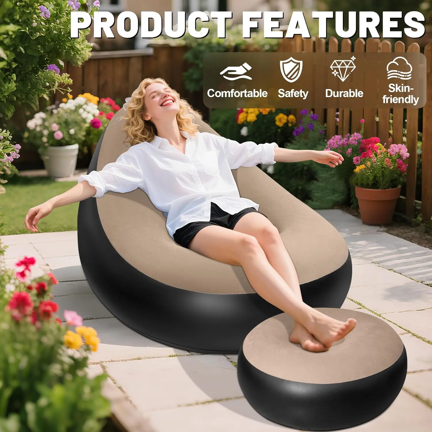 Portable Inflatable Recliner Sofa with Footrest, Foldable Air Couch Chair, 90KG Weight Capacity for Camping Travel Indoor Outdoor Relaxation Reclining Sofa Comfy Upholstered Sofa
