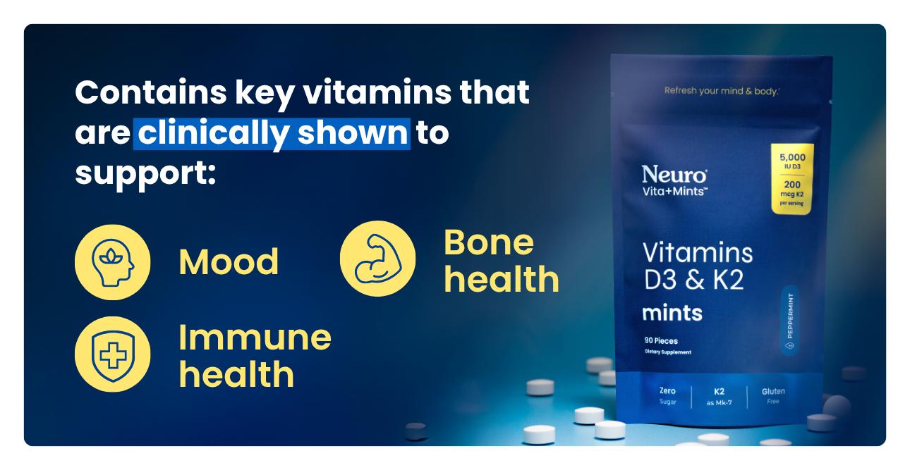 Neuro Mints Vitamin D3+K2 for Bone, Immune & Mood Support - 5,000 IU Vitamin D3 & 200mcg K2 - Sugar-Free, Aspartame-Free, Gluten-Free - Peppermint Flavor