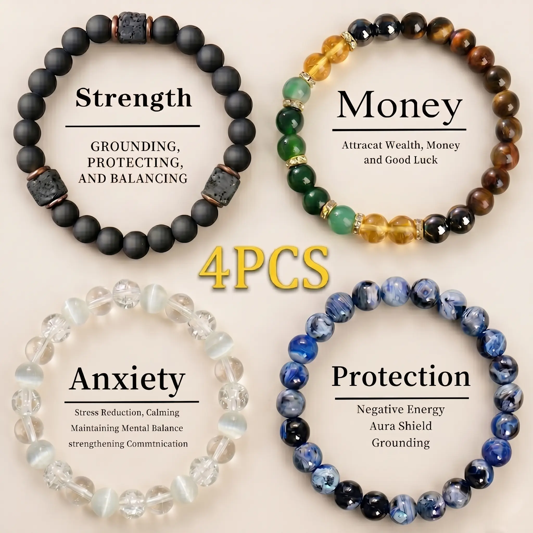Non-Natural Crystal Boho Bracelet Stack for Adults - Tiger Eye, Obsidian, Hematite Beads - Protection, Money Attraction, Anxiety Relief, Strength - Minimalist Jewelry for Guys Gifts, Birthday, Anniversary, Mother’s Day
