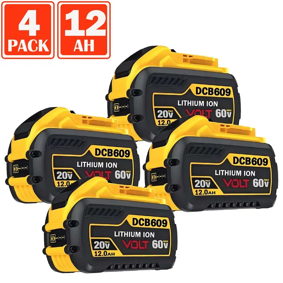 4-Packs 12000mAh High Capacity Replacement Battery for Dewalt 20V/60V Max DCB606 DCB609 DCB612 DCB200 DCB206 DCB207 Series Tools with Overcurrent Short Circuit Safety