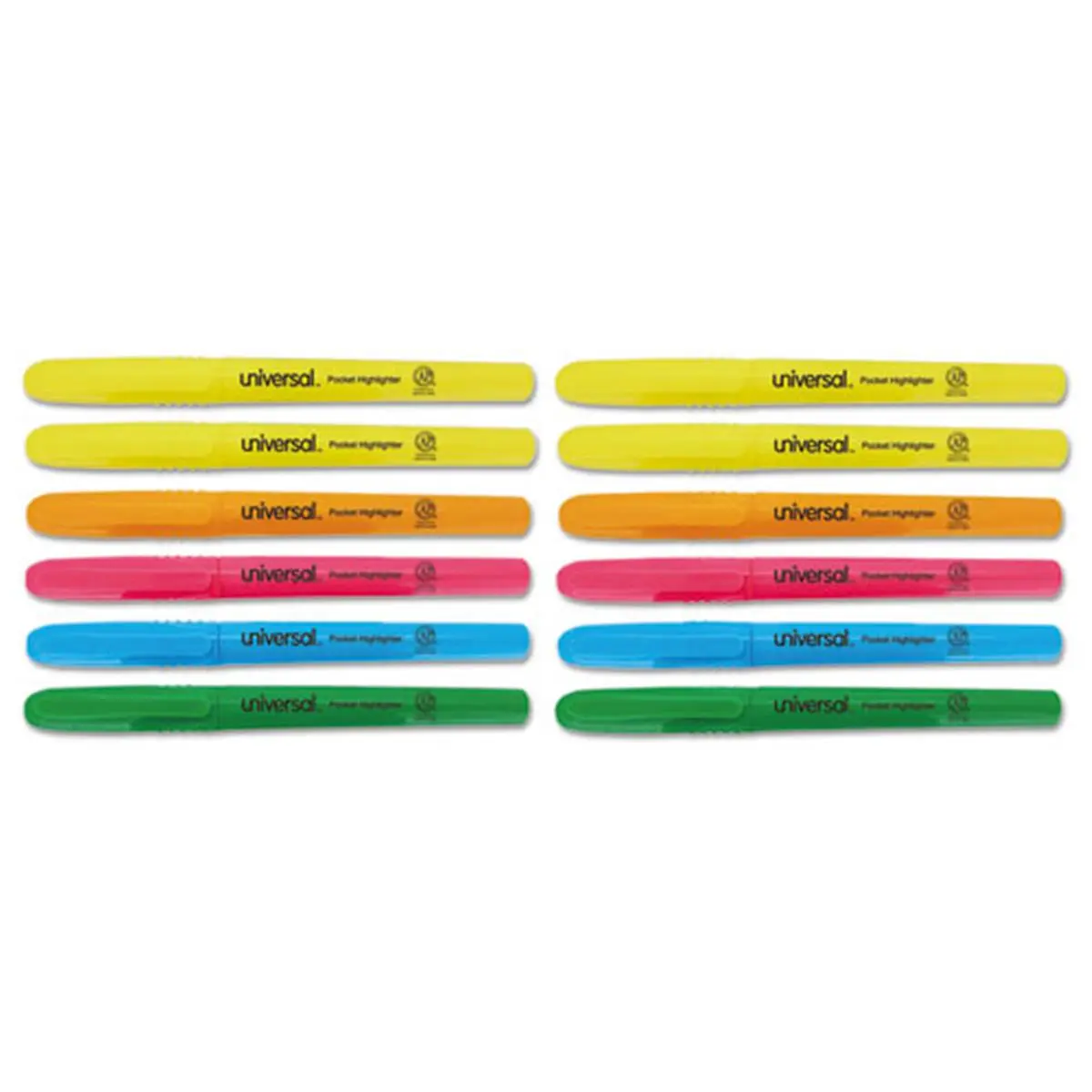 Universal Office Products UNV08857 Chisel-Tip Pocket Clip Highlighter, Slender Barrel, Broad & Thin Lines, Assorted Colors, 12 per Set