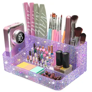 Flybok Modern Rectangle Bling Rhinestone Storage Box - Multi-Compartment Spacious Home Organizer for Nail Art & Makeup