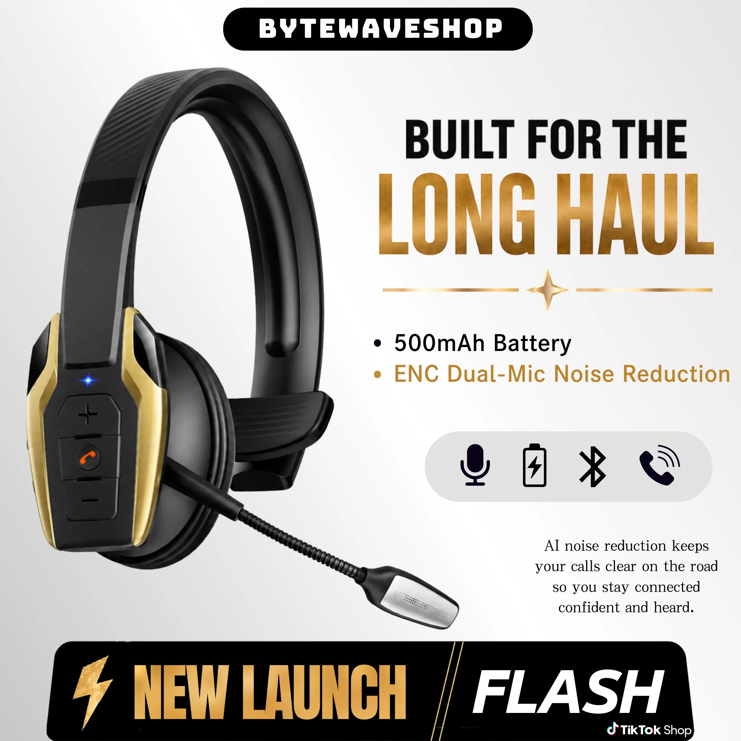 ByteWaveShop Gold Trucker Bluetooth Headset, Wireless Headset with ENC Dual Noise-Canceling Mic, Mute Button, 58H Playtime, 270° Flexible Boom Mic, Bluetooth 6.0 Headset for Truck Drivers, Cell Phones, PC & Meetings