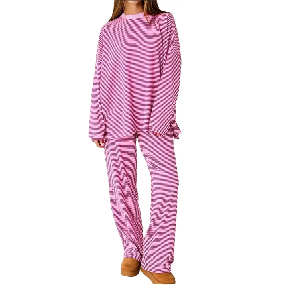 Women's Striped Set, Loose Fit Oversized, Round Neck Long Sleeve Top, Elastic Waist Straight Leg Pants, 2-Piece Cotton Comfortable Lounge Wear Pajamas Nightwear Pink Casual