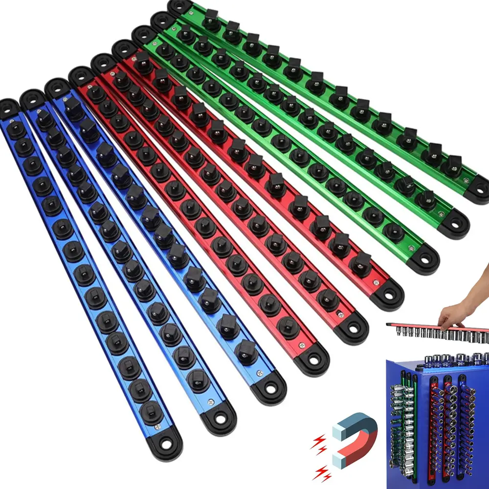 9pc Magnetic Socket Holder Organizer Set: Detachable 1/4, 3/8, 1/2 Socket Trays Socket Organizer for Tool Box Drawer Holds 120-Piece Standard Size Sockets for Automotive Garage