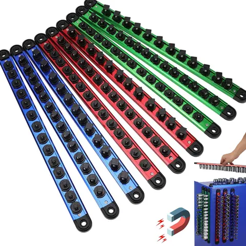 9pc Magnetic Socket Holder Organizer Set: Detachable 1/4, 3/8, 1/2 Socket Trays Socket Organizer for Tool Box Drawer Holds 120-Piece Standard Size Sockets for Automotive Garage