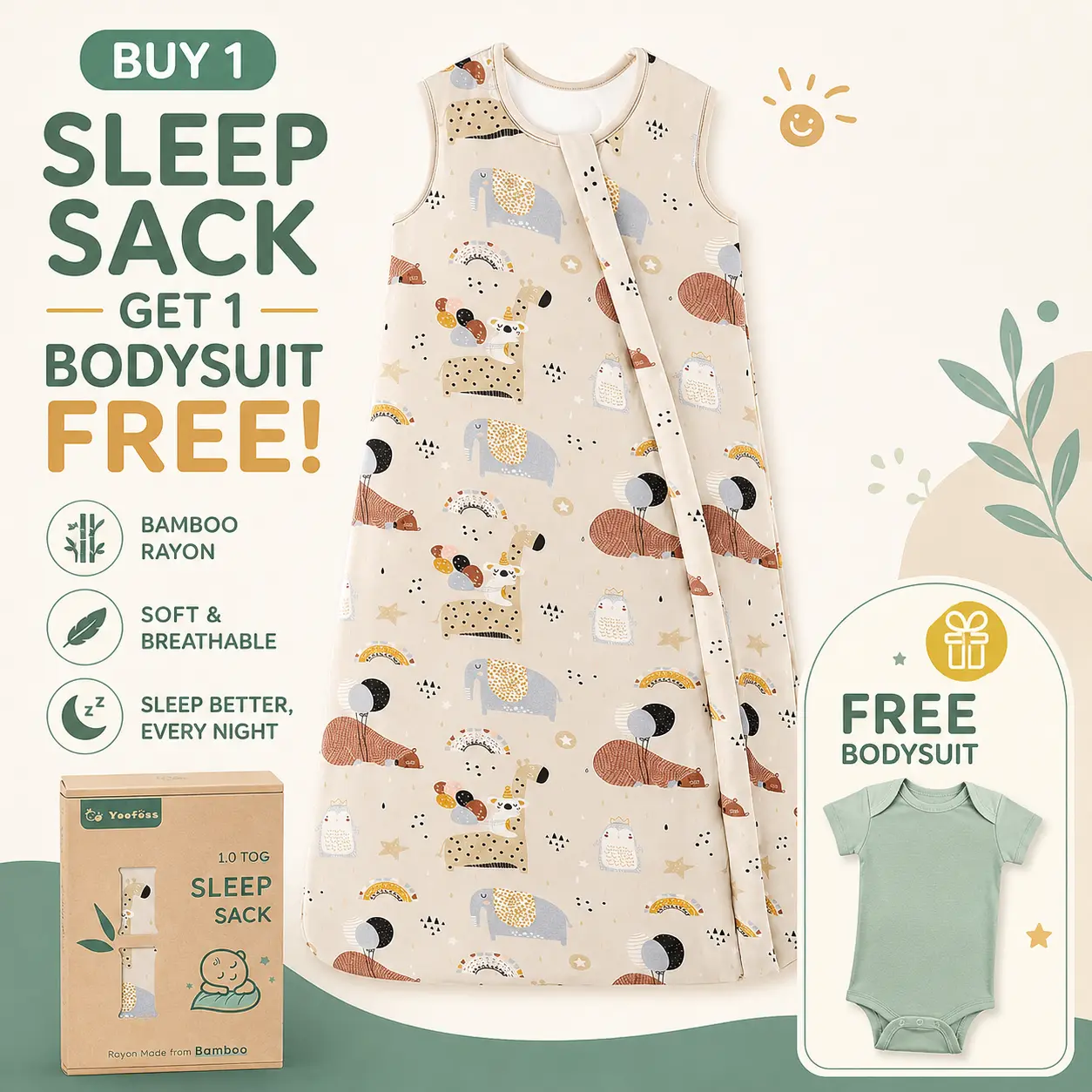 Yoofoss Bamboo Rayon Baby Sleep Sack - Rayon Made from Bamboo Newborn Wearable Blanket, Cotton Toddler Sleeping Bag with 2-Way Zipper, Supersoft Quilted TOG 1.0 for Every Night, Mother's Day Gift