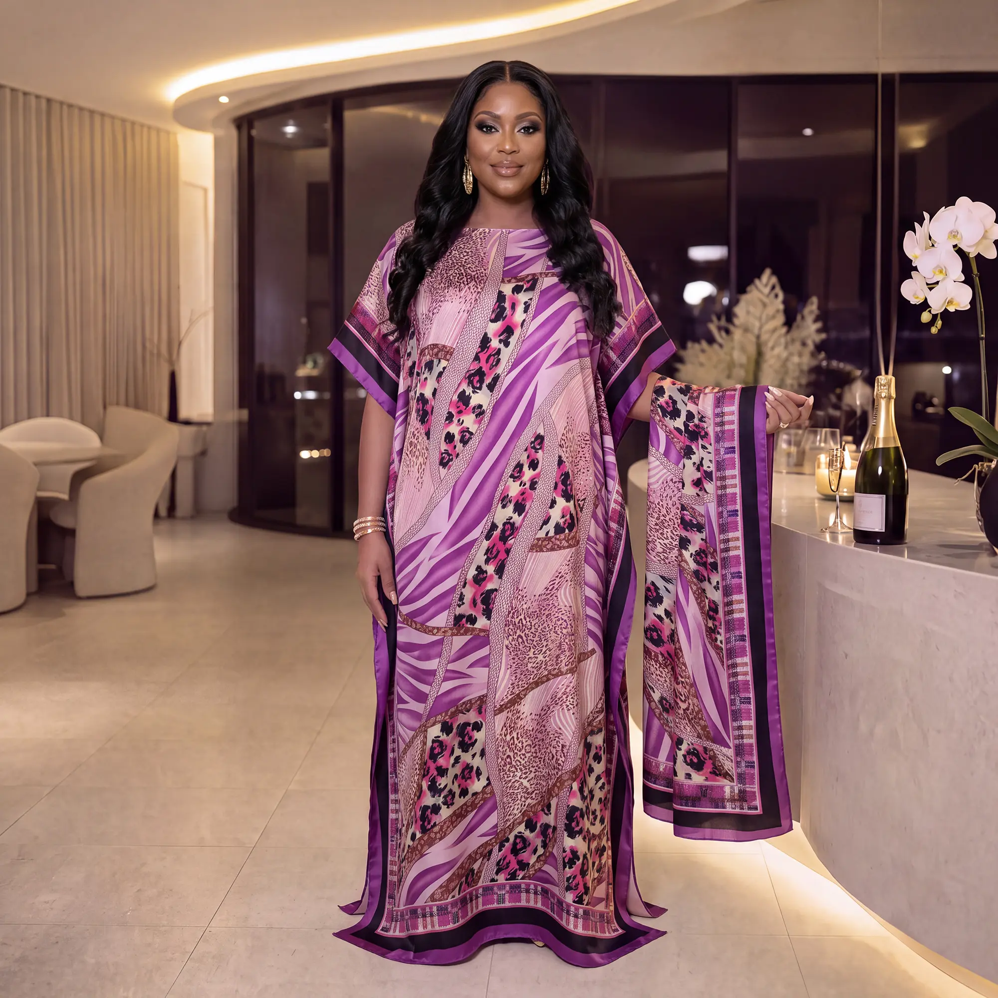 Luxury Satin Kaftan Dress With Matching Shawl, African Print Oversized Maxi Robe, Elegant Abaya For Women Party Bridesmaid Group Outfit