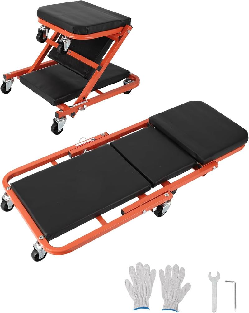 36-inch Z-Creeper Seat with Wheels, 2-in-1 Folding Garage Seat, 330 lb Capacity, Under-Car Automotive Mechanic Repair with 6 Swivel Casters