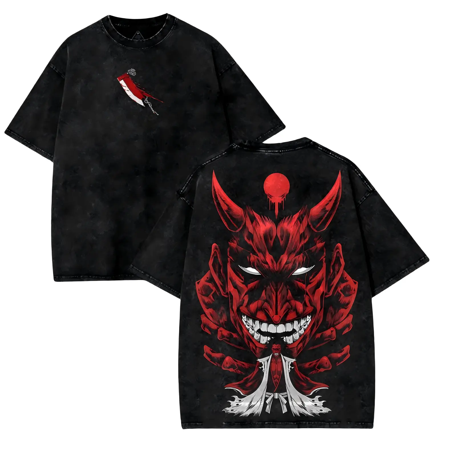 Bleach Kenpachi Zaraki Bankai Shirt, TYBW Demon Form Washed Anime Tee, Vintage Bootleg Manga Streetwear Gift, Back Giant Oni Mask Kenpachi Print Tee Bankai Zaraki Kenpachi Oni Mask Bleach Double Sided Vintage Black Acid Wash T-shirt
