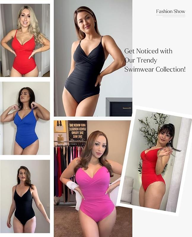 POPILUSH Ruched Cross-Front One-Piece Swimsuit Shapewear with Tummy Control Adjustable Straps High-Waisted Bathing Suit for Pool Beachwear