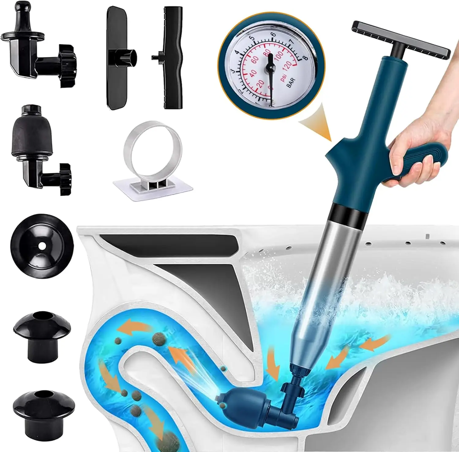 High-Pressure Toilet Plunger Air Blaster Tool - Stainless Steel Pump Drain Cleaning Equipment with Accessories for Multiple Drains, Home & Bathroom Plumbing Solution