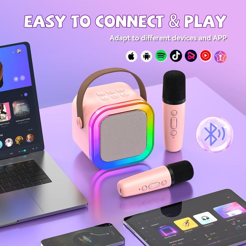 Mini karaoke machine with 2 microphones, wireless BT speaker,Bluetooth Speaker with LED Nightlight, Bluetooth party Pink karaoke
