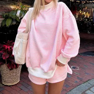 MULLVEIG Women's Stripe Oversized Crew Neck Sweatshirt & Shorts 2 Piece Set Lounge Matching Outfits for Comfortable Wear - Womenswear, Clothes