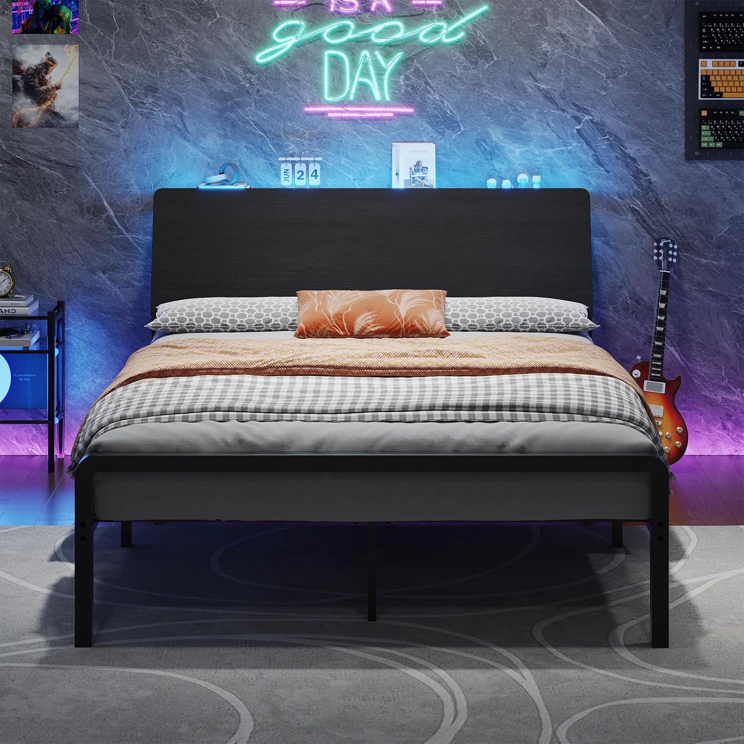 HOMBCK Bed Frame with Ergonomic Storage Headboard, Platform Metal Bed with LED Lights, Heavy Duty Metal Slats, No Box Spring Needed, Easy Assembly