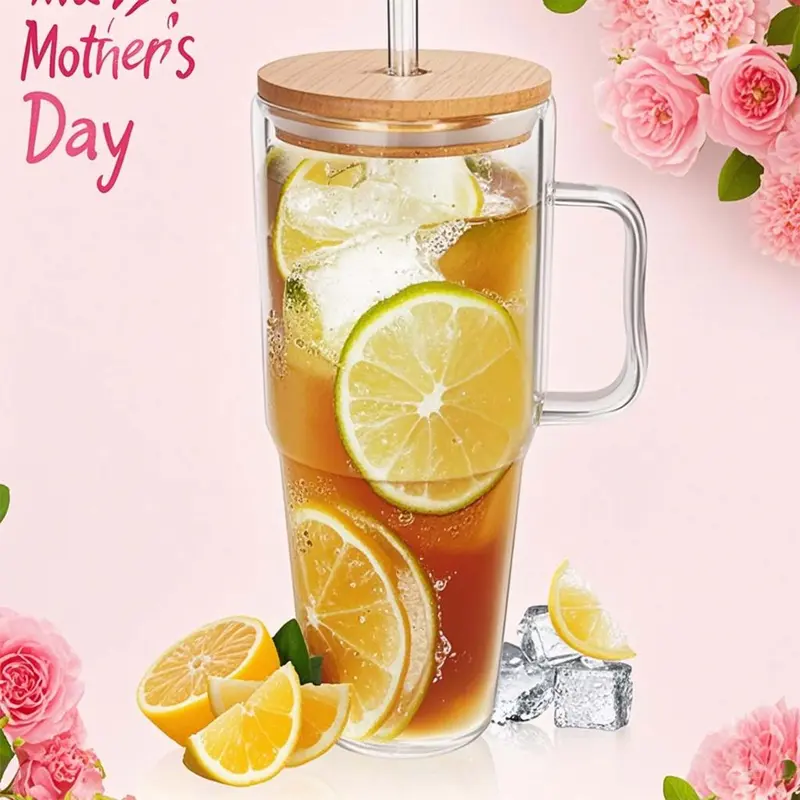 Product Introduction of Halloween Giftting -40 oz Glass Tumbler with Handle, Glass Cups with Lids and Straws, Bamboo Wide Mouth Fits in Car Holder Reusable Iced Coffee Cup Bottle Drinkware, Gifts Back to School, Dorm, Study, Work & Home Essential Glassware, Study Buddy Glass Mug 1