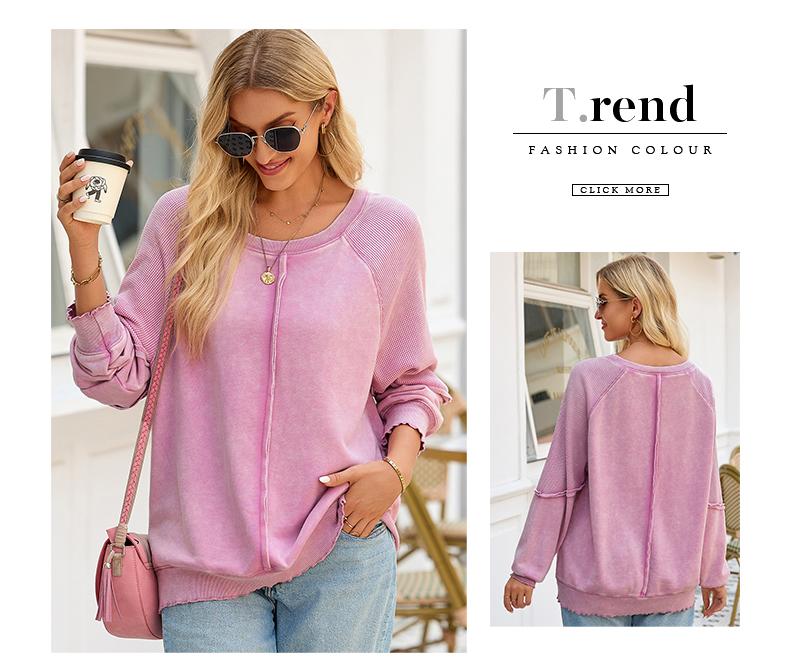 Shewin 2026 Spring Cozy Distressed Waffle Knit Sweatshirt Women’s Long Sleeve Pullover Soft Layering for Casual Daily Leisure Looks Ultra-soft Lightweight & Breathable Tie-Dye Fabric - Womenswear SpringStatements