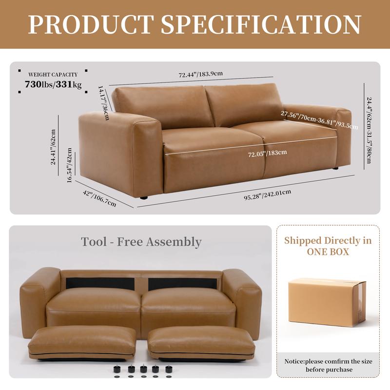 COLAMY 95" Oversized PU Leather Sofa for Living Room, Comfy Sofa Couch with Extra Deep Seats, Wide Arm, Down Filled 3-Seater Modern Sofa for Apartment Lounge-Brown