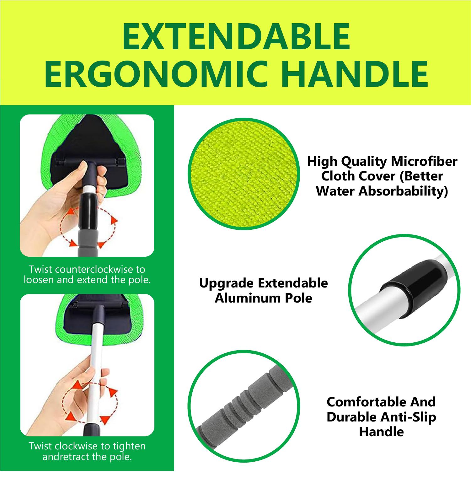 Windshield Cleaning Tool, Microfiber Car Window Cleaning Tool with 4 Reusable,Washable Microfiber Pads,Extendable Handle,Auto Interior Exterior Glass Wiper Car Glass Cleaner Kit,Car Cleaning Supplies