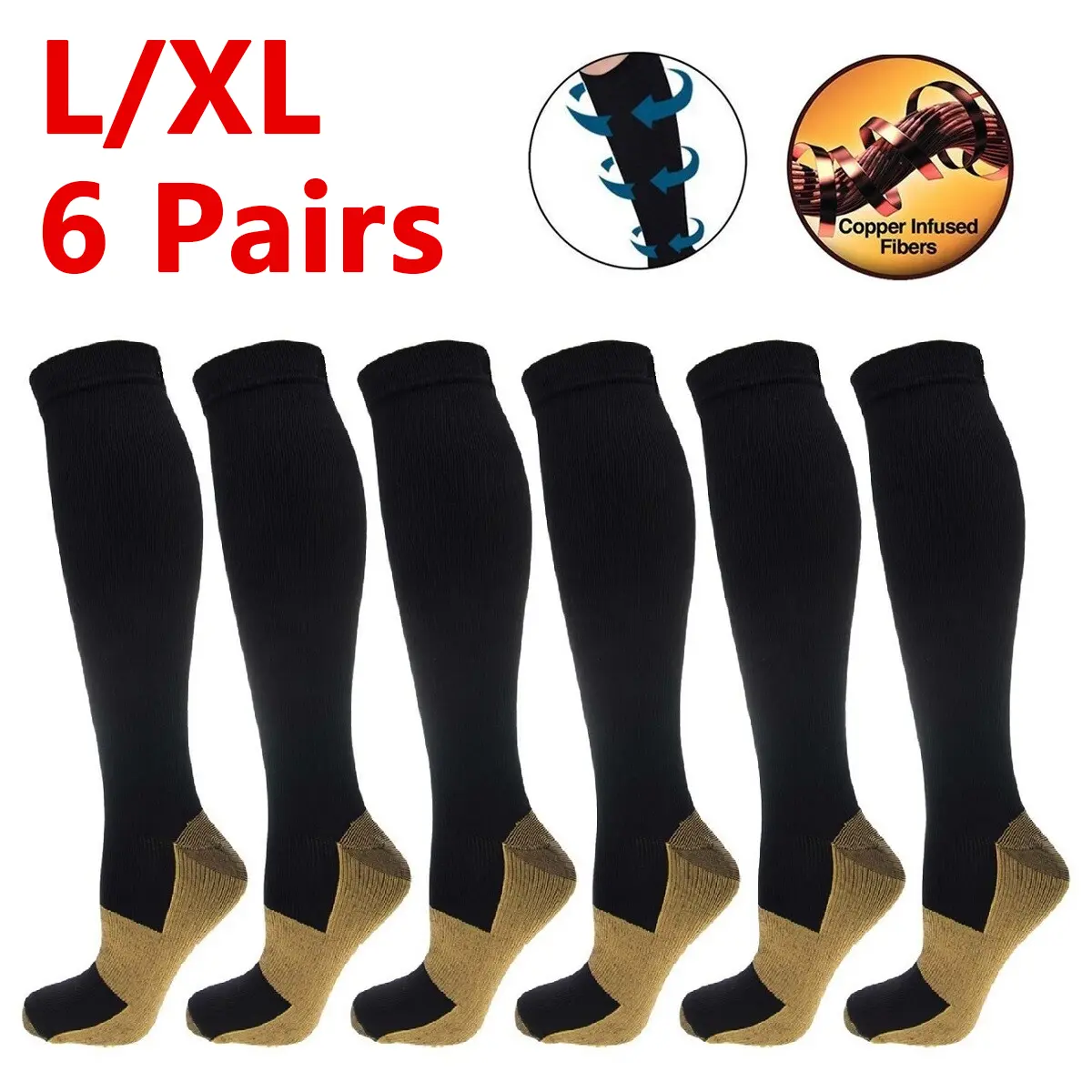 6 Pairs Athletic Compression Socks for Men & Women, Copper Ankle-Length 20-30mmHg Graduated Support for Pain Relief, L/XL, All Season Socks, Sports Compression Socks