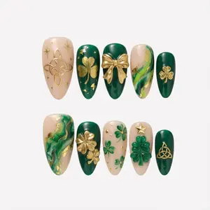 Patricks Day Press On Nails, Green Marble & Gold Bow, Almond Gel Tips, Reusable Manicure