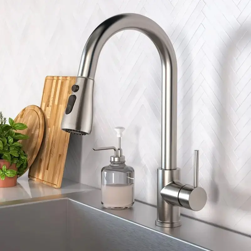 Brushed Nickel Kitchen Faucet with Pull Down Sprayer, High Arc Single Hole Kitchen Sink Faucet with Sprayer, Commercial Modern Pull Out Stainless Steel Kitchen Faucet