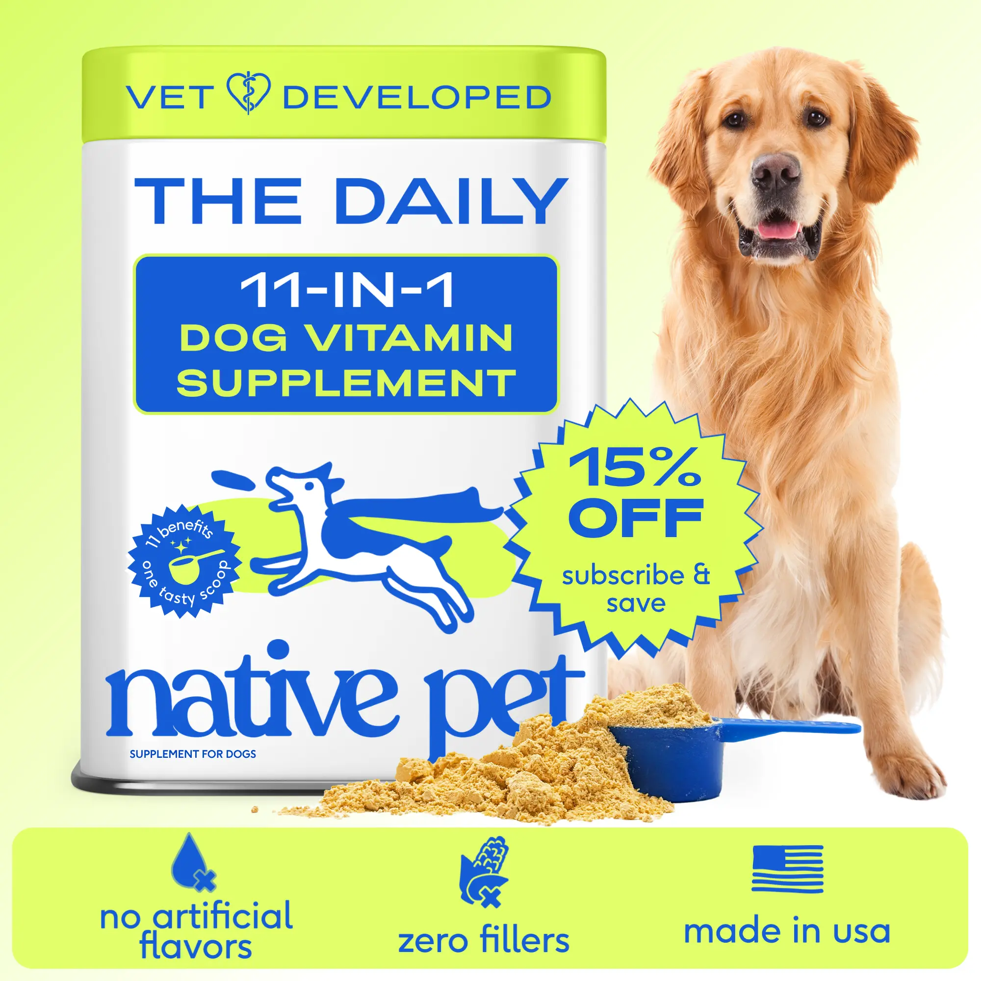 Native Pet The Daily Dog Vitamins & Supplements - 11-in-1 Vitamin Powder for Dog Food Topper - Collagen, Glucosamine, Probiotics, Omega & More- Supports Healthy Gut, Mobility & Overall Health