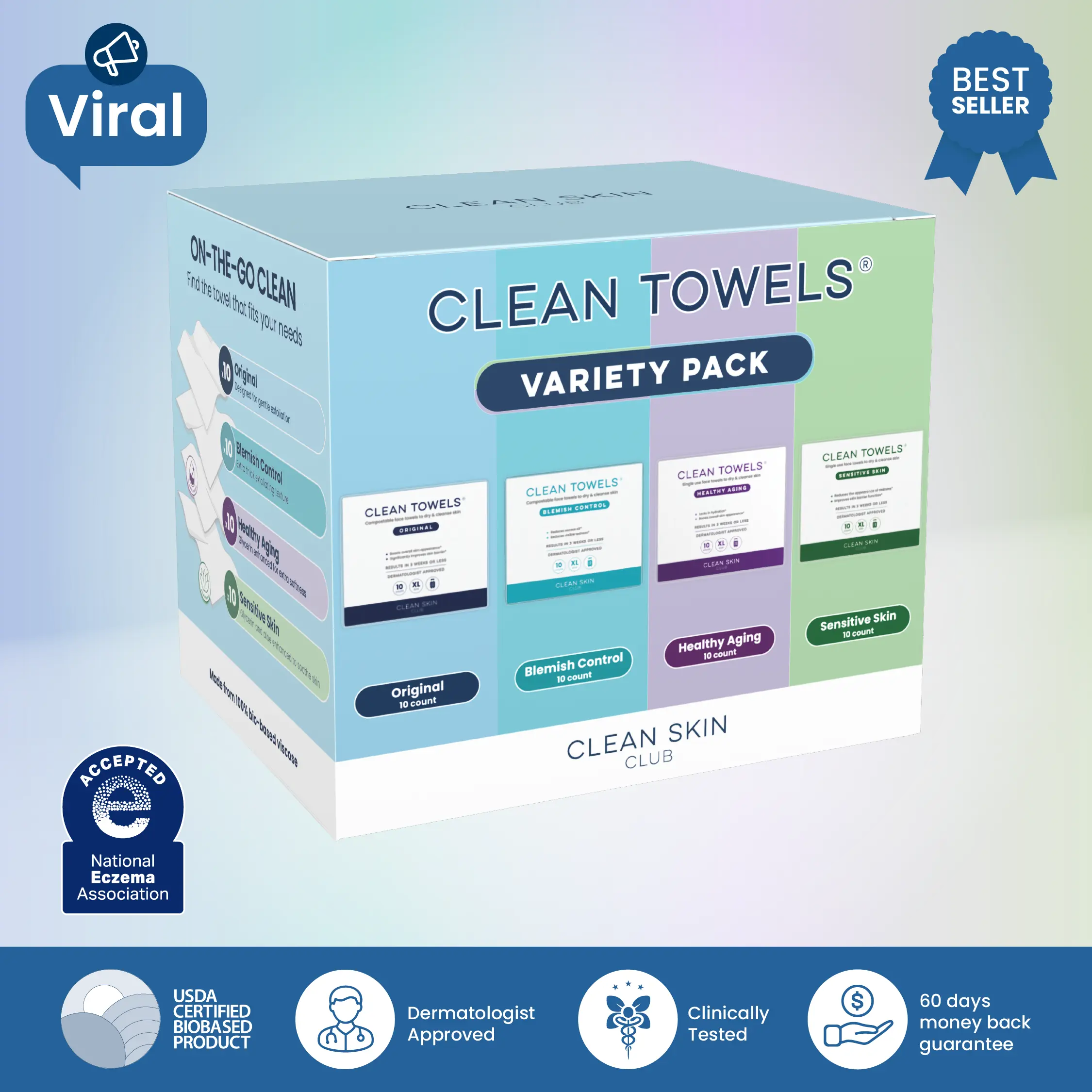 CLEAN SKIN CLUB Variety 4-Pack of Towels XL – 40 Count Total, Includes Original, Sensitive, Blemish Control & Healthy Aging, Perfect for All Skin Types - Cleaning