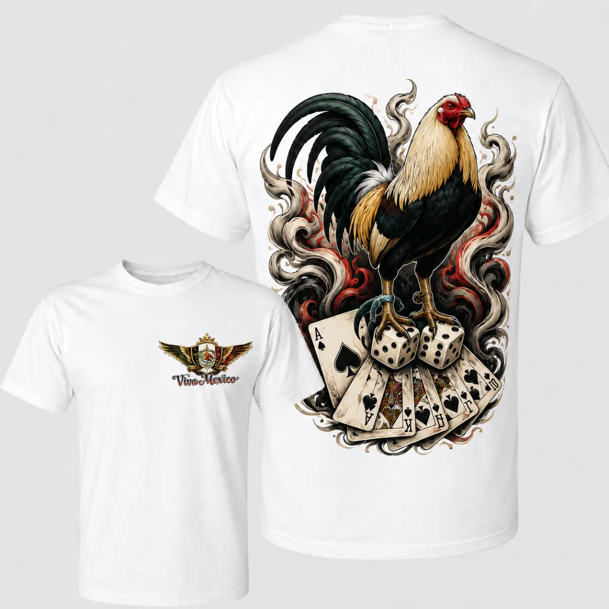 Viva Mexico Gallo Fino Poker Graphic Short-Sleeve Round Neck T-Shirt - Menswear Top, Mexican Gamefowl, Dice Cards, Rancho Life Unisex Gift For Men