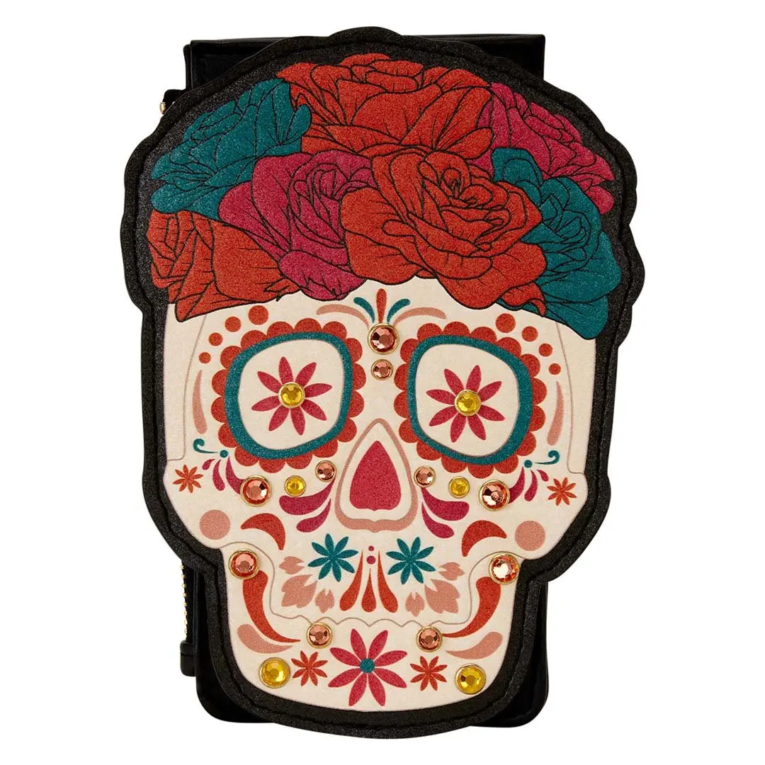 Loungefly Día de los Muertos Sugar Skull Shimmer Faux Leather Card Holder Wallet with 3D Gems and Applique, Wallet Purse, Stylish Wallet