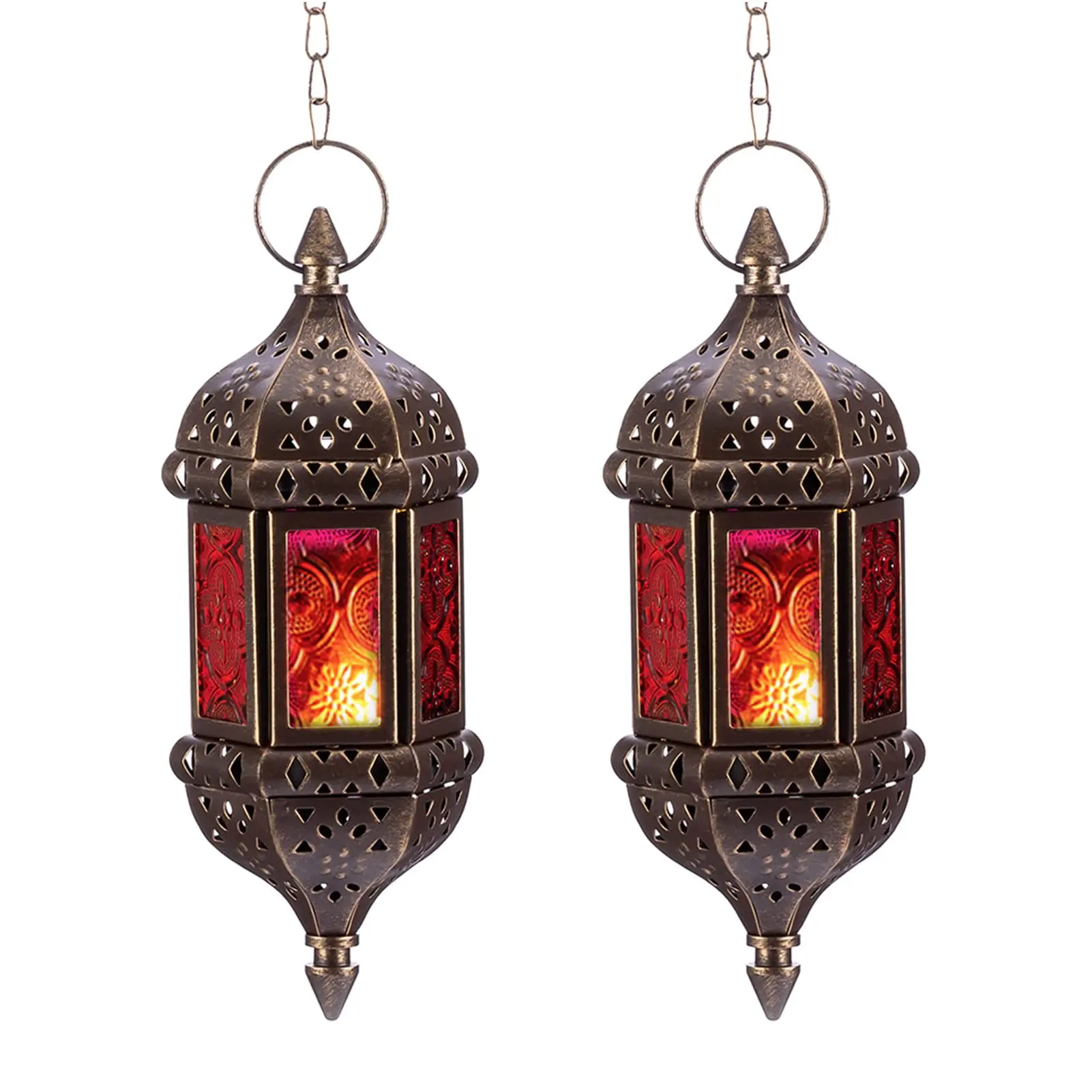 Set of 2 Hanging Hexagon Decorative Moroccan Candle Lantern Holders, Handmade Hanging Tea Light Holder in Bronze Metal & Red & Purple Glass Gift & Decor Items summerwins