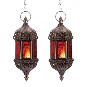 Set of 2 Hanging Hexagon Decorative Moroccan Candle Lantern Holders, Handmade Hanging Tea Light Holder in Bronze Metal & Red & Purple Glass Gift & Decor Items