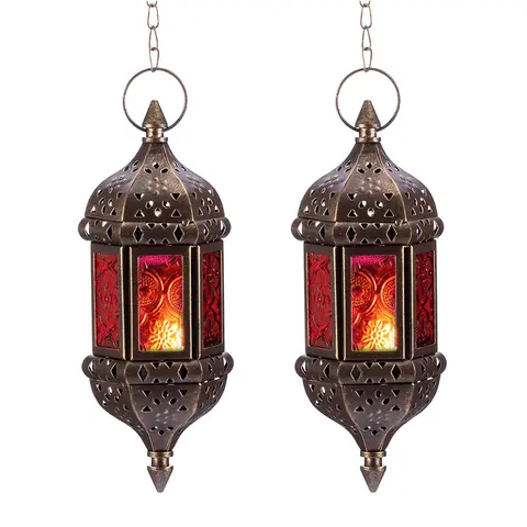 CANDELDO 2-Pack Hanging Hexagon Moroccan Bronze Metal Candle-Ready Holders - Handmade Red & Purple Ethnic Pattern Glass, Ornaments, Whimsical Home Decor, Home Accessories, Gift Options