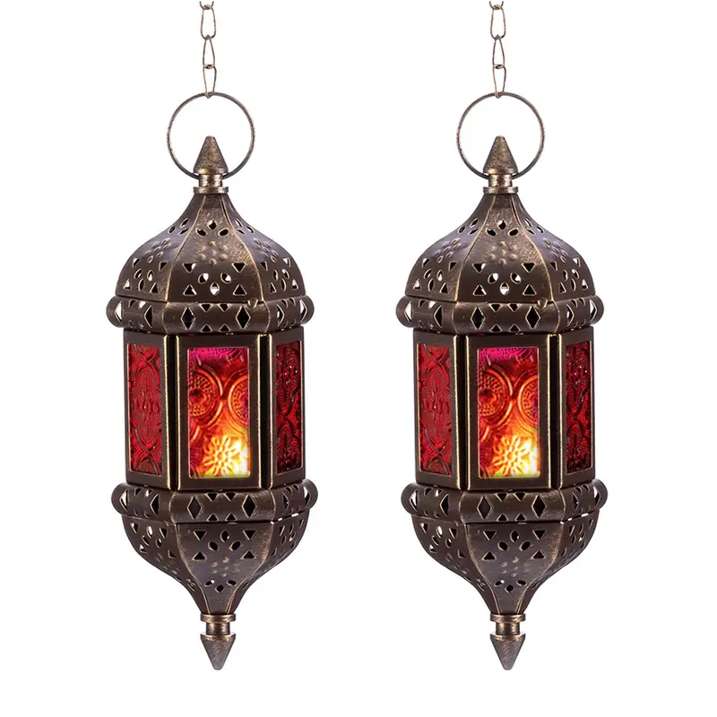 CANDELDO 2-Pack Hanging Hexagon Moroccan Bronze Metal Candle-Ready Holders - Handmade Red & Purple Ethnic Pattern Glass, Ornaments, Whimsical Home Decor, Home Accessories, Gift Options