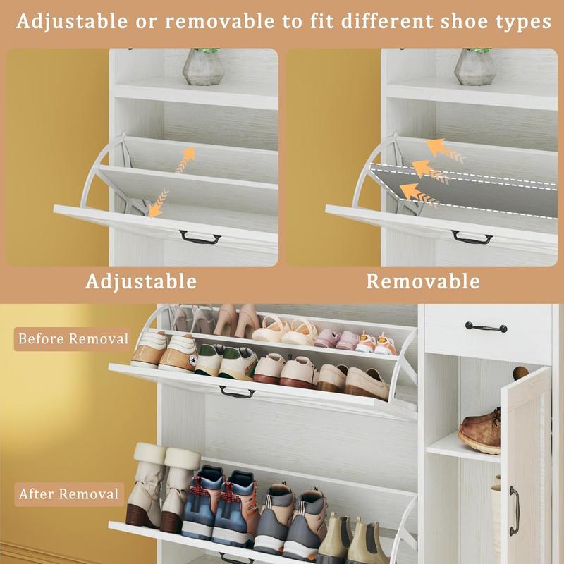 Shoe Cabinet with 2 Flip Drawers & Side Cabinet, Shoes Cabinet with Adjustable Shelves, Shoe Storage Cabinet with Drawer & Mounted Shoe Rack for Entryway, Hallway, Shoe Organizer Cabinet, White