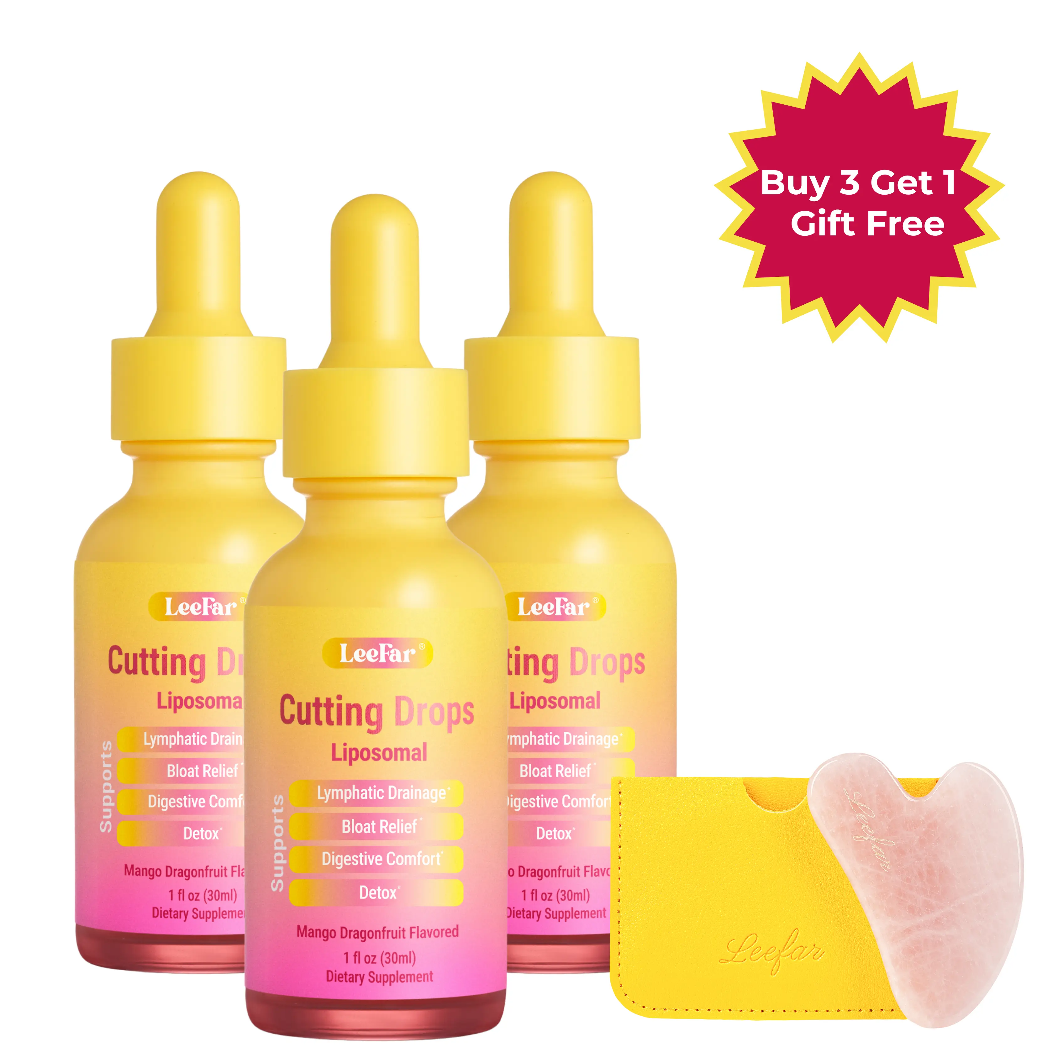 【Buy 3 Get 1 Gift Free】LeeFar Cutting Drops 3 Packs – Lymphatic-Focused Debloat Formula with Dandelion, Cleavers, Burdock & Elderberry for Lymphatic Drainage, Bloat Relief, Digestive Comfort and Detox – Mango Dragonfruit Flavor, 90 Servings
