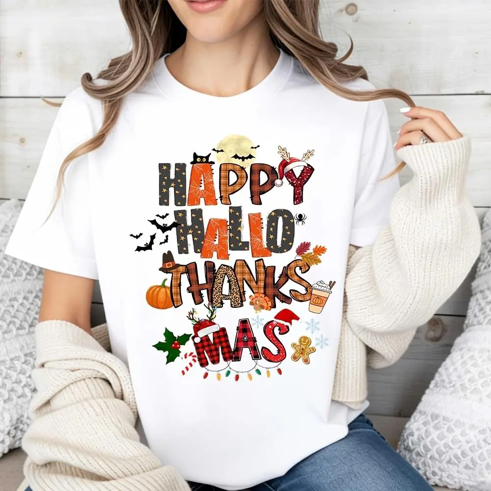 Happy Hallo Thanks Mas Print, Raglan Long-Sleeved T-Shirt, Halloween Thanksgiving Christmas Holiday Fusion Theme, Casual Fall Winter Seasona