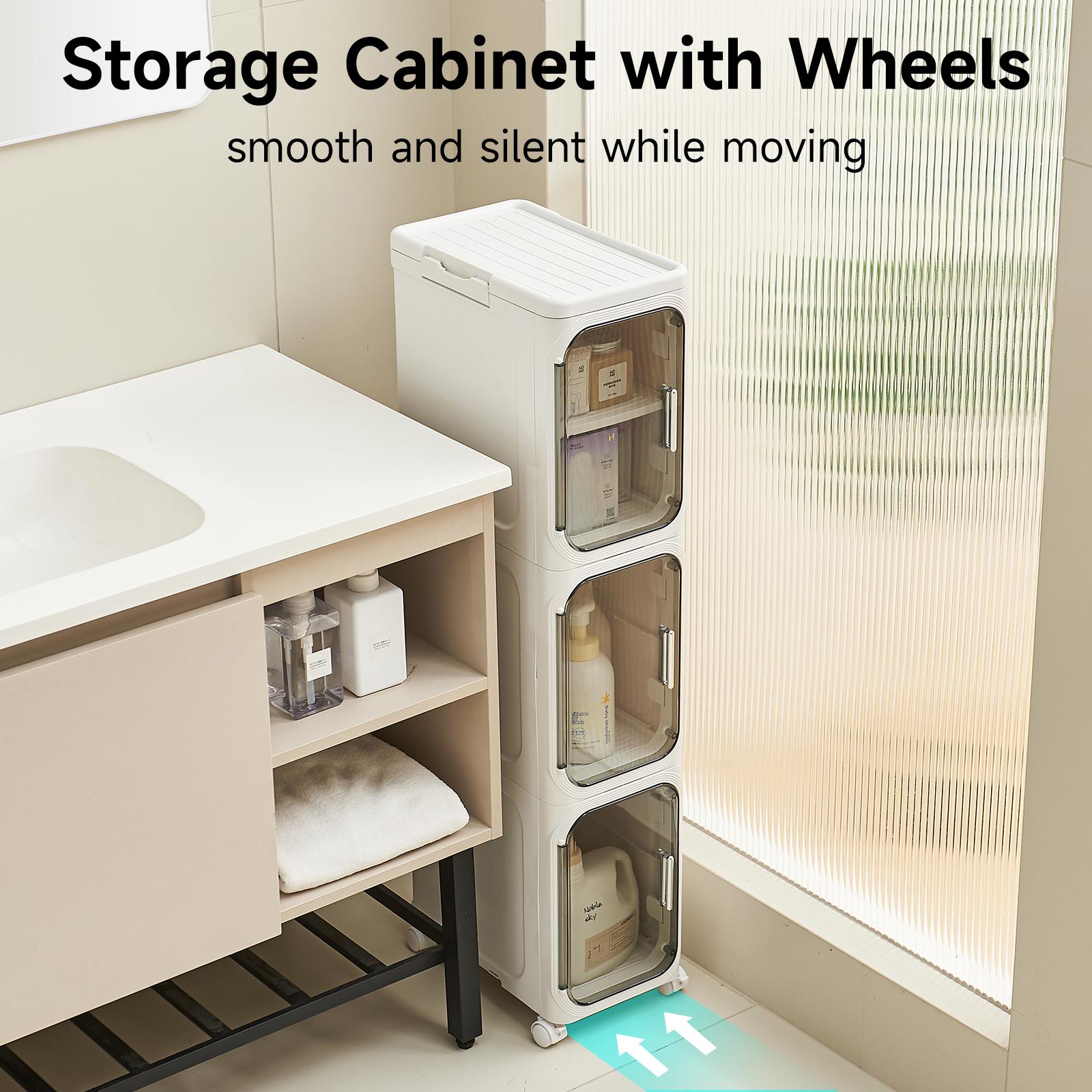 UFORU four-layer tall and narrow storage cabinet, made of plastic, with a slim design, doors and adjustable shelves, wheels, stackable and foldable, suitable for small spaces, bathrooms and kitchens. UFORU four-layer tall and narrow storage cabinet, made of plastic, with a slim design, doors and adjustable shelves, wheels, stackable and foldable, suitable for small spaces, bathrooms and kitchens.