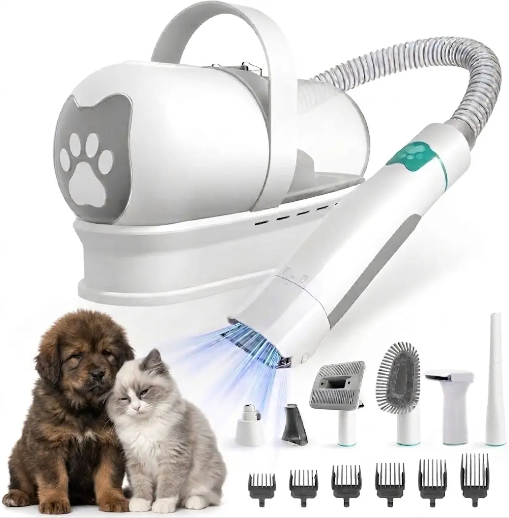 7-in-1 Pet Groomer Tools & Vacuum for Shedding, Low-Noise Dog Hair Vacuum with Electric Clipper, Paw Trimmer, Nail Grinder, Nozzle Brush, 6 Limit Combs (3-24mm)