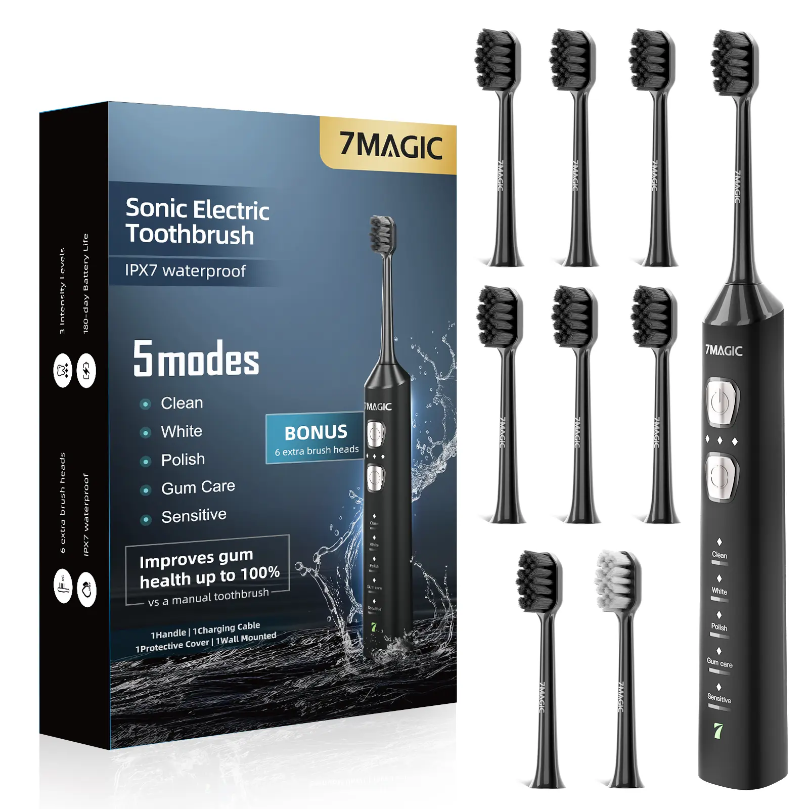 7MAGIC Sonic Electric Toothbrush for Adults and Kids - Up to 180 Days Runtime, 42000 VPM Powered Toothbrush, 5 Modes & 3 Intensities for Sensitive Teeth & Braces, Includes 8 Brush Heads